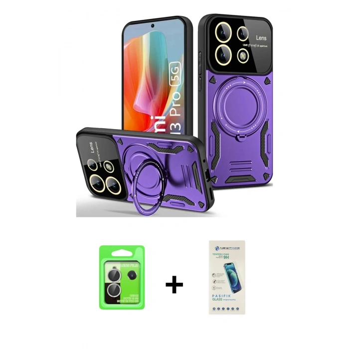 MARSİLYAN™- Redmi Note 13 Pro 5G Kılıf Kıvılcım Modern Serisi - Şeffaf Pasifik Cam Ekran Koruyucu + Raze Metal Kamera Lens - GS
