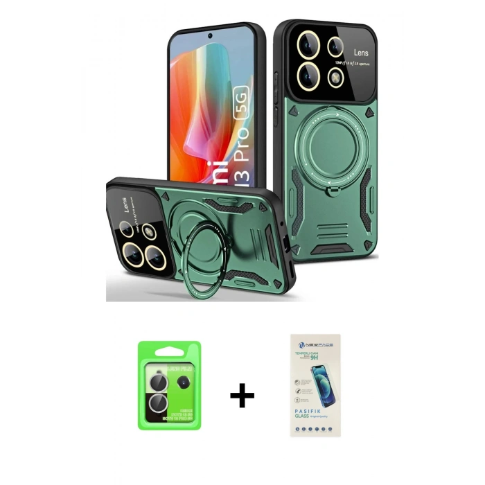 MARSİLYAN™- Redmi Note 13 Pro 5G Kılıf Kıvılcım Modern Serisi - Şeffaf Pasifik Cam Ekran Koruyucu + Raze Metal Kamera Lens - GS