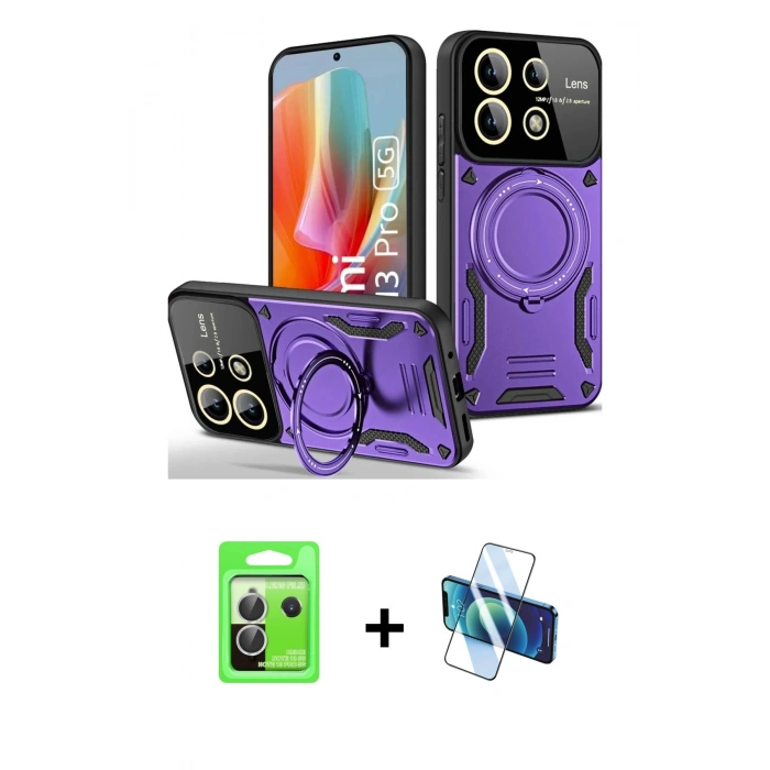 MARSİLYAN™- Redmi Note 13 Pro 5G Kılıf Kıvılcım Modern Serisi - Siyah 3D Antistatik Cam Ekran Koruyucu + Gümüş Raze Metal Kamera Lens