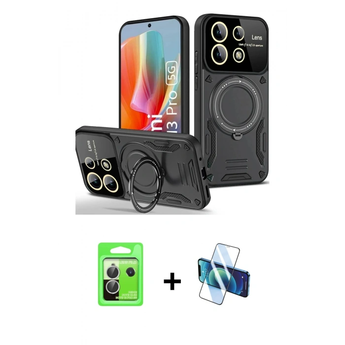 MARSİLYAN™- Redmi Note 13 Pro 5G Kılıf Kıvılcım Modern Serisi - Siyah 3D Antistatik Cam Ekran Koruyucu + Gümüş Raze Metal Kamera Lens