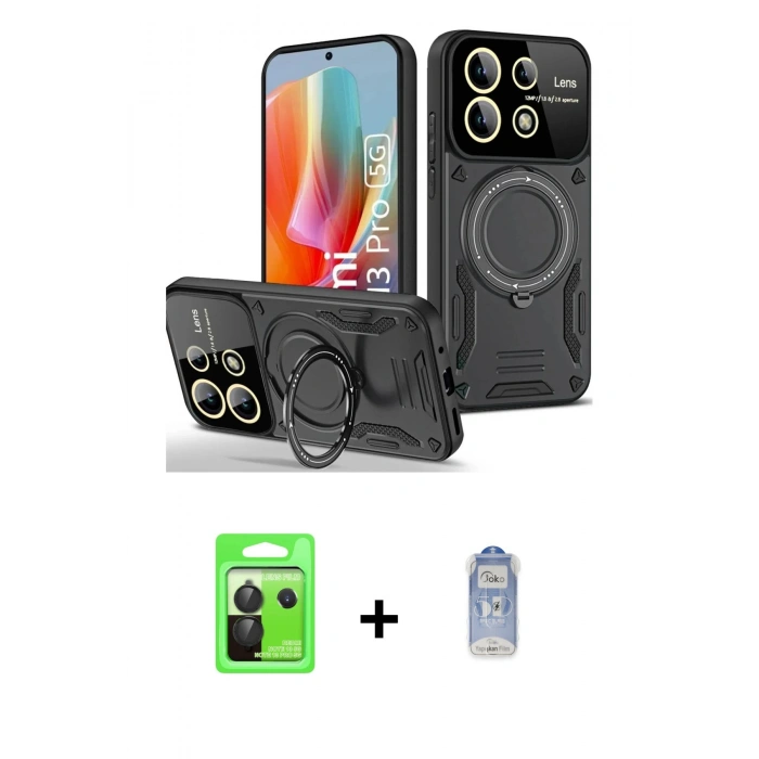 MARSİLYAN™- Redmi Note 13 Pro 5G Kılıf Kıvılcım Modern Serisi - Siyah Joko Magic 5D Cam + Raze Metal Kamera Lens - SH