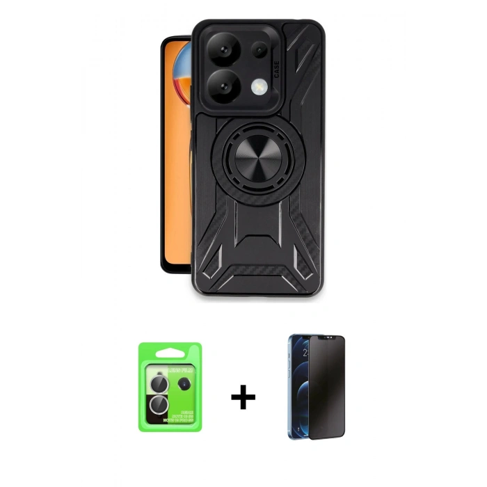 MARSİLYAN™- Redmi Note 13 Pro 5G Kılıf Nova Yansıma Prime - Siyah 3D Antistatik Hayalet Cam Ekran Koruyucu + Gümüş Raze Metal Kamera Lens