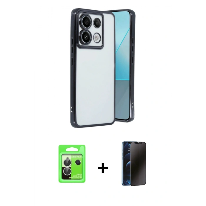 MARSİLYAN™- Redmi Note 13 Pro 5G Kılıf Vadi Minimal - Siyah 3D Antistatik Hayalet Cam Ekran Koruyucu + Raze Metal Kamera Lens - GS