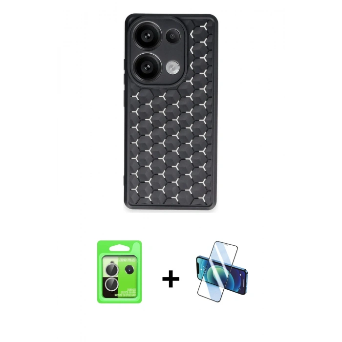 MARSİLYAN™- Redmi Note 13 Pro 5G Kılıf Zirve Form - Siyah 3D Antistatik Cam Ekran Koruyucu + Raze Metal Kamera Lens - GS