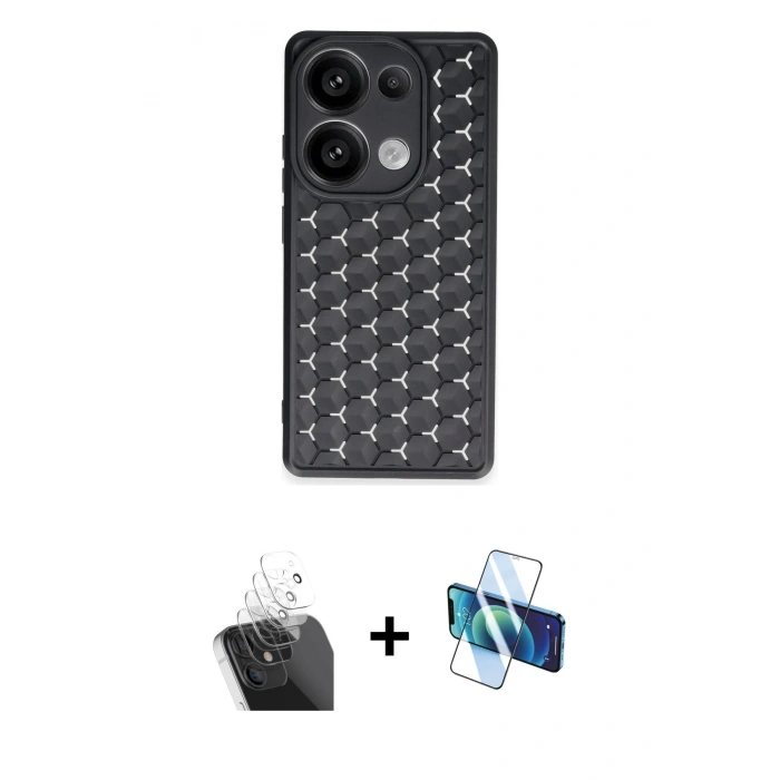 MARSİLYAN™- Redmi Note 13 Pro 5G Kılıf Zirve Form - Siyah 3D Antistatik Cam Ekran Koruyucu + Kamera Lens Koruma Cam - SF