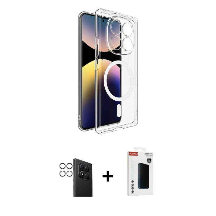 MARSİLYAN™- Redmi Note 14 Pro 4G Kılıf Ahenk Minimal Serisi - Şeffaf Hayalet Polymer Nano Ekran Koruyucu + PVD Metal Kamera Lens - GS