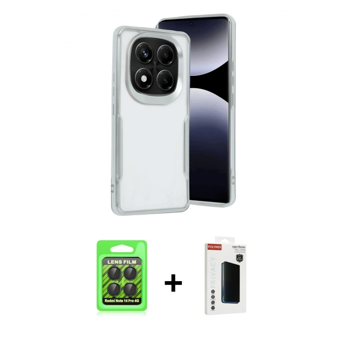 MARSİLYAN™- Redmi Note 14 Pro 4G Kılıf Akış Çizgi Koleksiyonu - Şeffaf Hayalet Polymer Nano Ekran Koruyucu + Siyah Raze Metal Kamera Lens