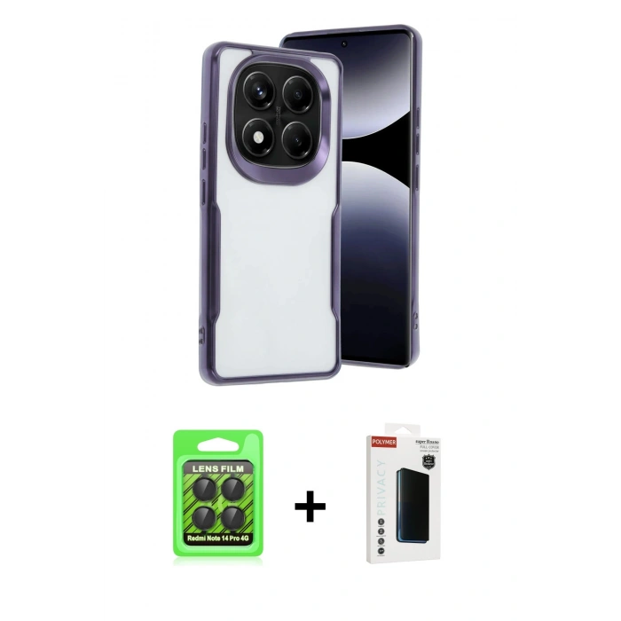 MARSİLYAN™- Redmi Note 14 Pro 4G Kılıf Akış Çizgi Koleksiyonu - Şeffaf Hayalet Polymer Nano Ekran Koruyucu + Siyah Raze Metal Kamera Lens