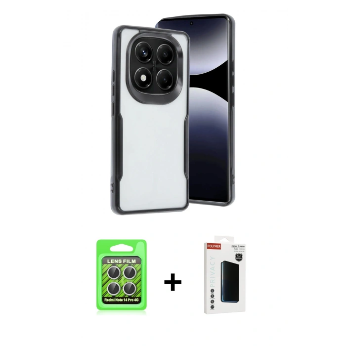 MARSİLYAN™- Redmi Note 14 Pro 4G Kılıf Akış Çizgi Koleksiyonu - Şeffaf Hayalet Polymer Nano Ekran Koruyucu + Raze Metal Kamera Lens - GS