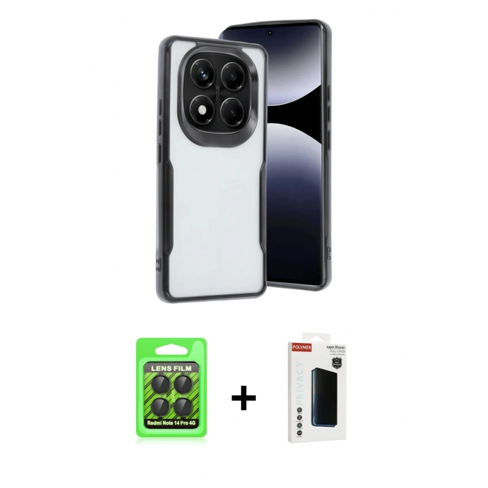 MARSİLYAN™- Redmi Note 14 Pro 4G Kılıf Akış Çizgi Koleksiyonu - Şeffaf Hayalet Polymer Nano Ekran Koruyucu + Siyah Raze Metal Kamera Lens