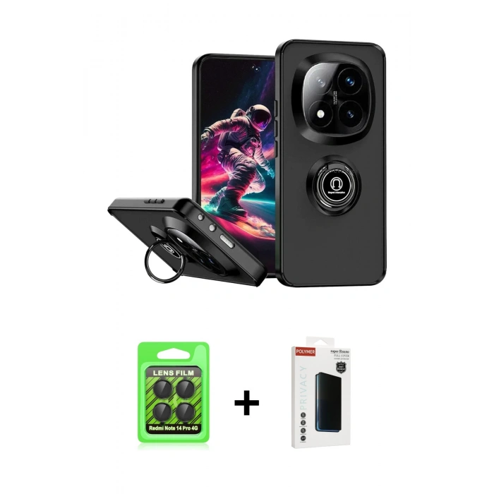 MARSİLYAN™- Redmi Note 14 Pro 4G Kılıf Yörünge Çizgi - Şeffaf Hayalet Polymer Nano Ekran Koruyucu + Siyah Raze Metal Kamera Lens