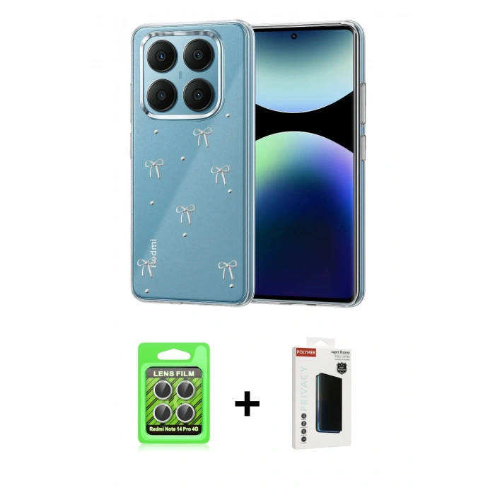 MARSİLYAN™- Redmi Note 14 Pro 4G Kılıf Yörünge Form - Şeffaf Hayalet Polymer Nano Ekran Koruyucu + Raze Metal Kamera Lens - GS