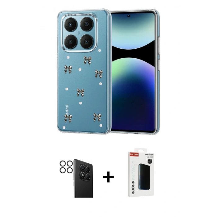 MARSİLYAN™- Redmi Note 14 Pro 4G Kılıf Yörünge Form - Şeffaf Hayalet Polymer Nano Ekran Koruyucu + Siyah PVD Metal Kamera Lens
