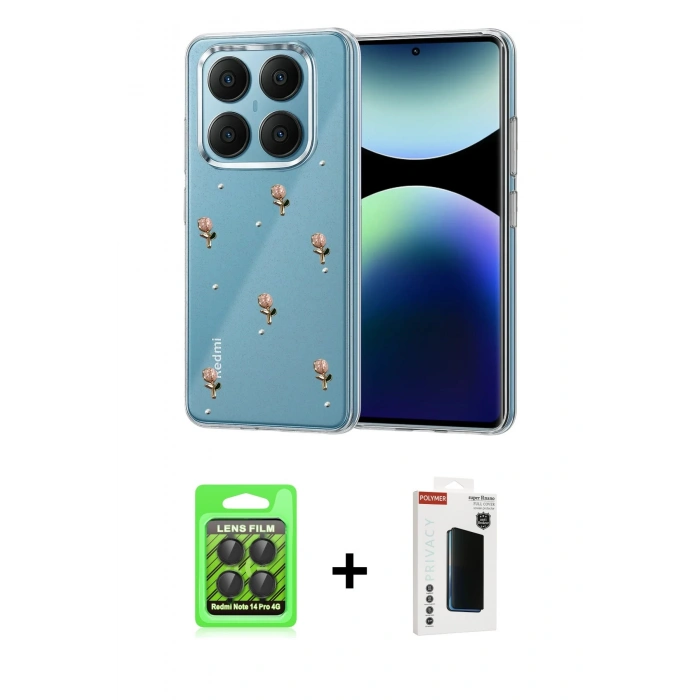 MARSİLYAN™- Redmi Note 14 Pro 4G Kılıf Yörünge Form - Şeffaf Hayalet Polymer Nano Ekran Koruyucu + Raze Metal Kamera Lens - SH