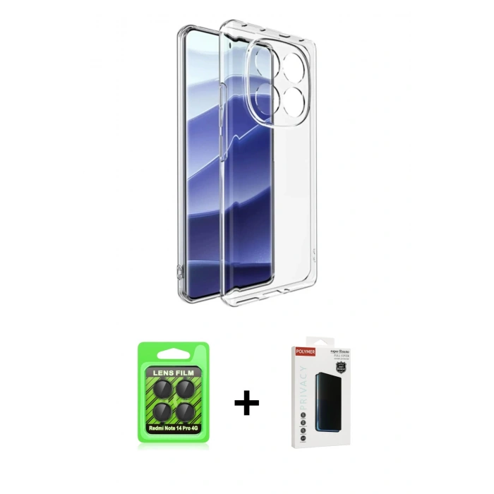 MARSİLYAN™- Redmi Note 14 Pro 4G Kılıf Zirve Doku - Şeffaf Hayalet Polymer Nano Ekran Koruyucu + Raze Metal Kamera Lens - SH