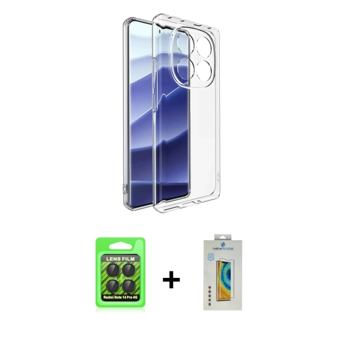 MARSİLYAN™- Redmi Note 14 Pro 4G Kılıf Zirve Doku - Şeffaf Polymer Nano Ekran Koruyucu + Raze Metal Kamera Lens - SH