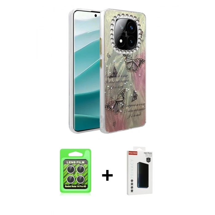 MARSİLYAN™- Redmi Note 14 Pro 4G Kılıf Zirve Modern Prime - Şeffaf Hayalet Polymer Nano Ekran Koruyucu + Gümüş Raze Metal Kamera Lens