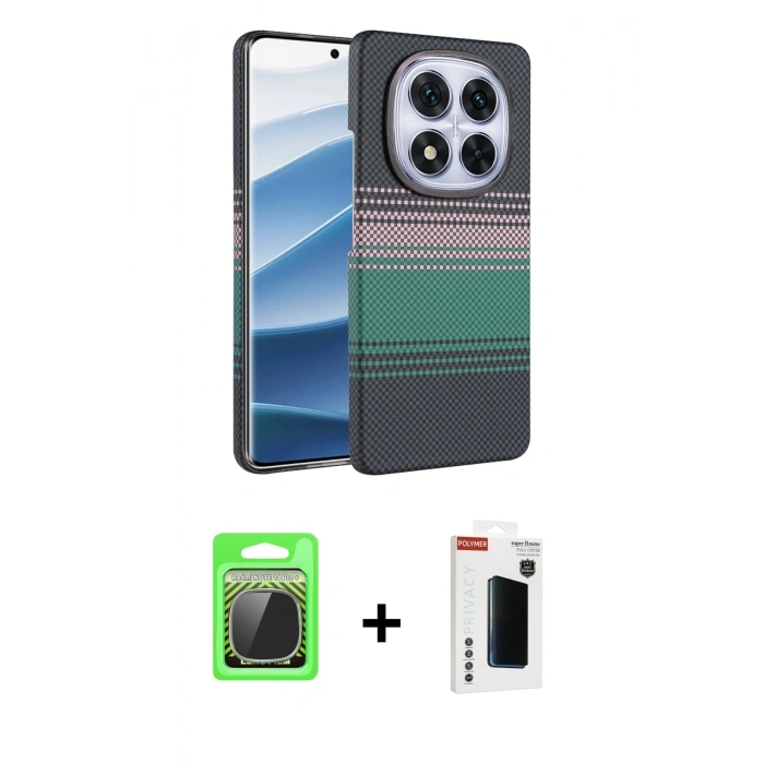 MARSİLYAN™- Redmi Note 14 Pro Plus Kılıf Doruk Serisi - Siyah Hayalet Polymer Nano Ekran Koruyucu + Gümüş Raze Metal Kamera Lens