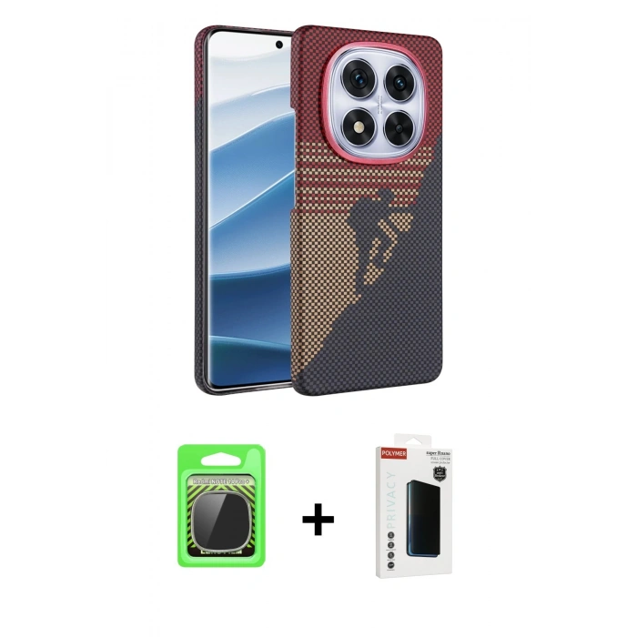 MARSİLYAN™- Redmi Note 14 Pro Plus Kılıf Doruk Serisi - Siyah Hayalet Polymer Nano Ekran Koruyucu + Gümüş Raze Metal Kamera Lens