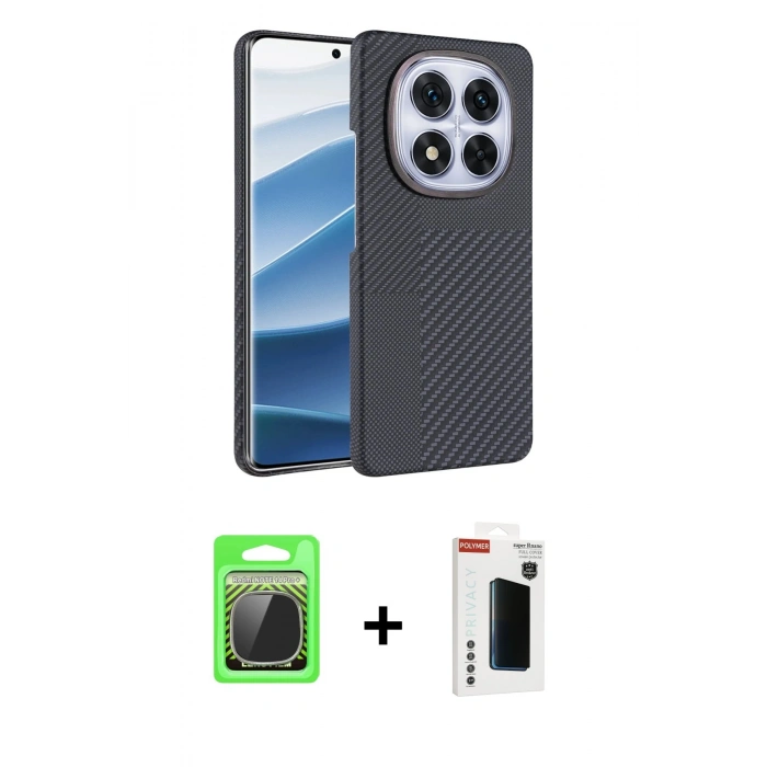 MARSİLYAN™- Redmi Note 14 Pro Plus Kılıf Doruk Serisi - Siyah Hayalet Polymer Nano Ekran Koruyucu + Gümüş Raze Metal Kamera Lens