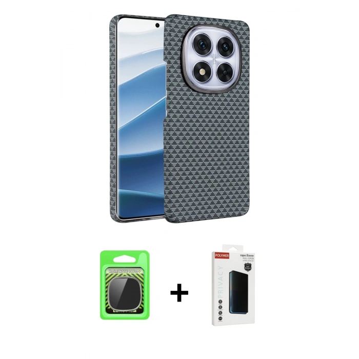 MARSİLYAN™- Redmi Note 14 Pro Plus Kılıf Doruk Serisi - Siyah Hayalet Polymer Nano Ekran Koruyucu + Gümüş Raze Metal Kamera Lens