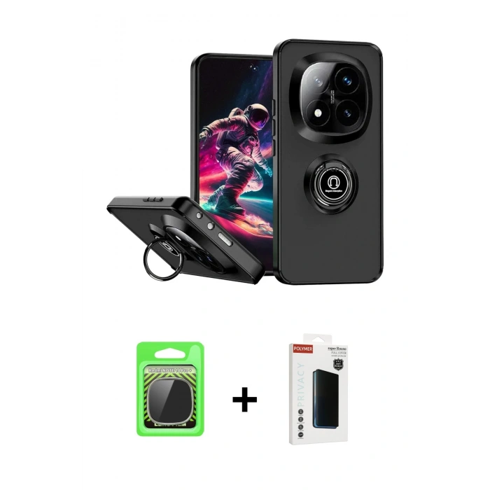 MARSİLYAN™- Redmi Note 14 Pro Plus Kılıf Yörünge Çizgi - Siyah Hayalet Polymer Nano Ekran Koruyucu + Raze Metal Kamera Lens - GS