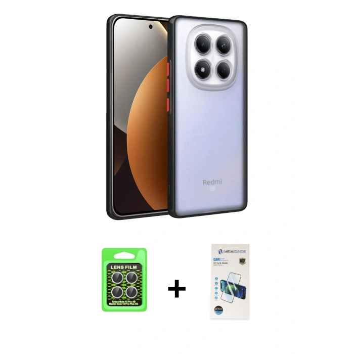 MARSİLYAN™- Redmi Note 15 Pro 5G Kılıf Ahenk Çizgi Serisi - Siyah 3D Antistatik Cam Ekran Koruyucu + Raze Metal Kamera Lens - GS