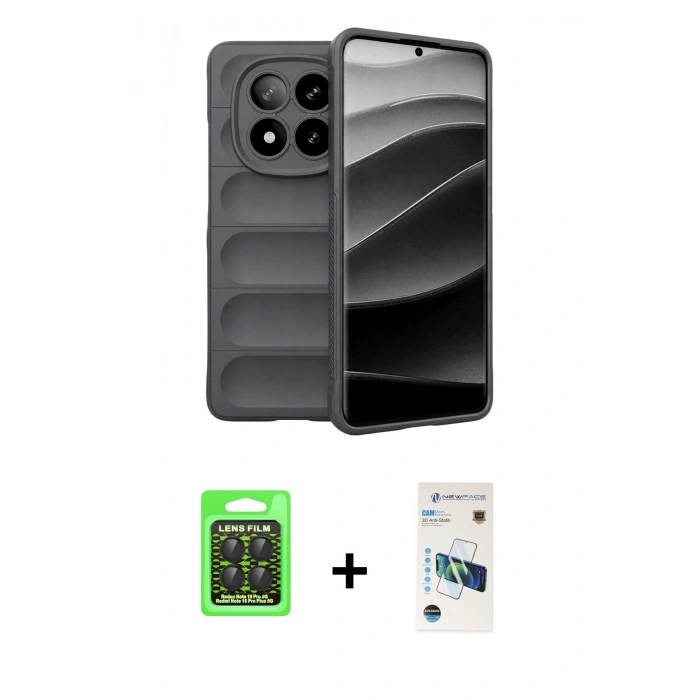 MARSİLYAN™- Redmi Note 15 Pro 5G Kılıf Atlas Koleksiyonu - Siyah 3D Antistatik Cam Ekran Koruyucu + Raze Metal Kamera Lens - SH