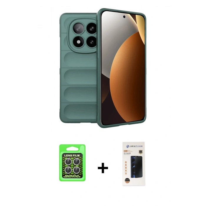MARSİLYAN™- Redmi Note 15 Pro 5G Kılıf Atlas Koleksiyonu - Siyah 3D Antistatik Hayalet Cam Ekran Koruyucu + Raze Metal Kamera Lens - GS