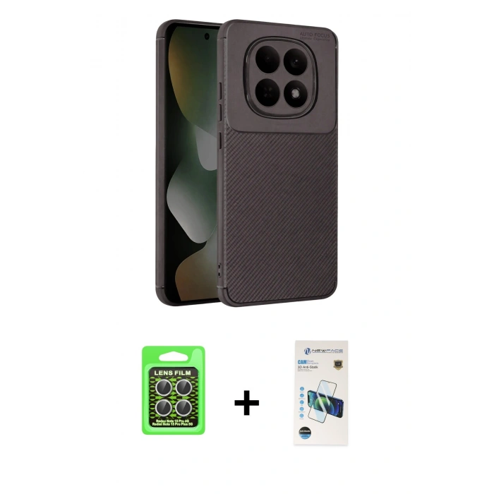 MARSİLYAN™- Redmi Note 15 Pro 5G Kılıf Eksen Form Prime - Siyah 3D Antistatik Cam Ekran Koruyucu + Raze Metal Kamera Lens - GS