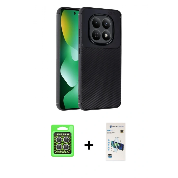 MARSİLYAN™- Redmi Note 15 Pro 5G Kılıf Eksen Form Prime - Siyah 3D Antistatik Cam Ekran Koruyucu + Raze Metal Kamera Lens - GS