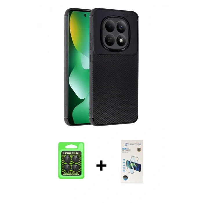 MARSİLYAN™- Redmi Note 15 Pro 5G Kılıf Eksen Form Prime - Siyah 3D Antistatik Cam Ekran Koruyucu + Raze Metal Kamera Lens - SH