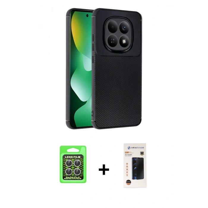 MARSİLYAN™- Redmi Note 15 Pro 5G Kılıf Eksen Form Prime - Siyah 3D Antistatik Hayalet Cam Ekran Koruyucu + Raze Metal Kamera Lens - GS