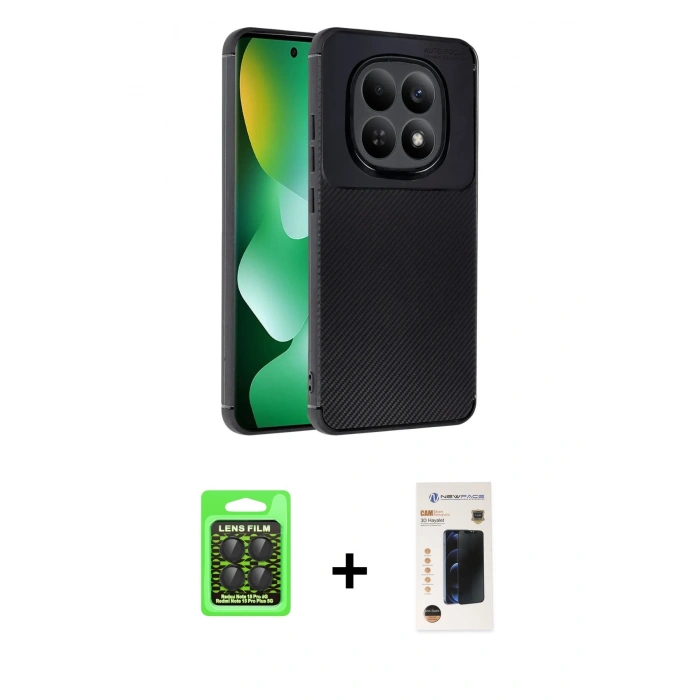MARSİLYAN™- Redmi Note 15 Pro 5G Kılıf Eksen Form Prime - Siyah 3D Antistatik Hayalet Cam Ekran Koruyucu + Raze Metal Kamera Lens - SH