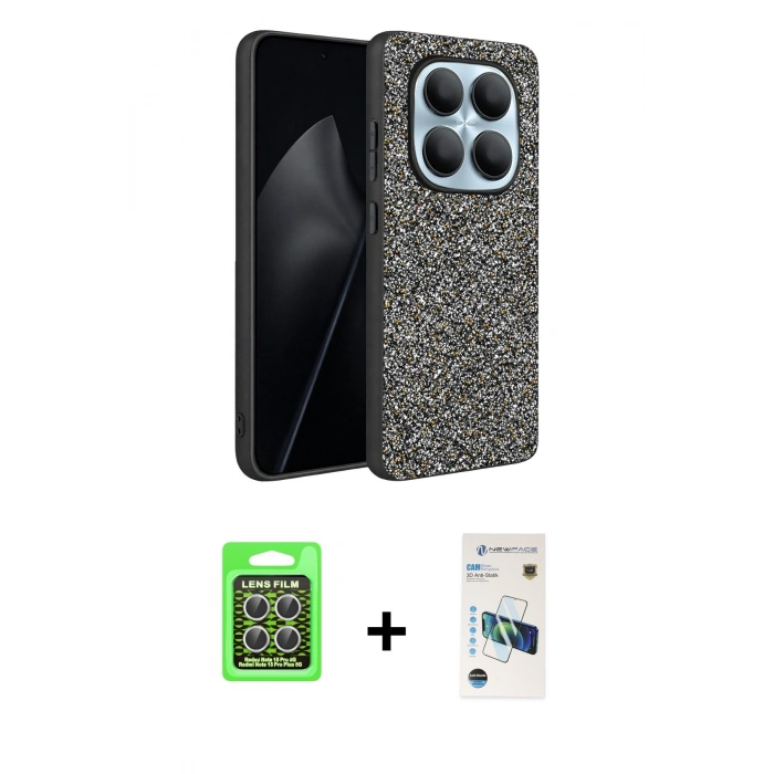 MARSİLYAN™- Redmi Note 15 Pro 5G Kılıf Vadi Klasik Serisi - Siyah 3D Antistatik Cam Ekran Koruyucu + Raze Metal Kamera Lens - GS