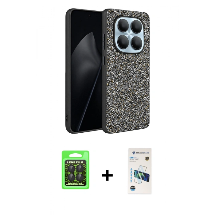 MARSİLYAN™- Redmi Note 15 Pro 5G Kılıf Vadi Klasik Serisi - Siyah 3D Antistatik Cam Ekran Koruyucu + Raze Metal Kamera Lens - SH