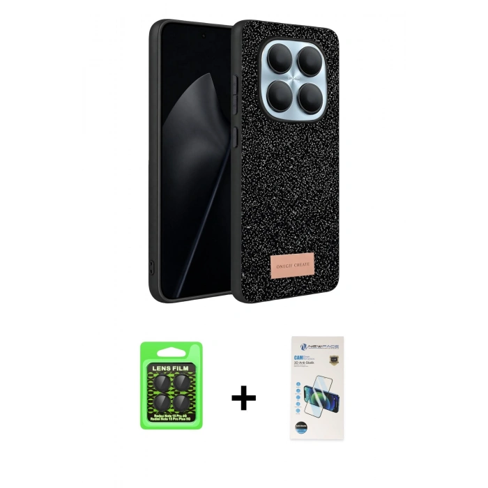 MARSİLYAN™- Redmi Note 15 Pro 5G Kılıf Vadi Klasik Serisi - Siyah 3D Antistatik Cam Ekran Koruyucu + Raze Metal Kamera Lens - SH