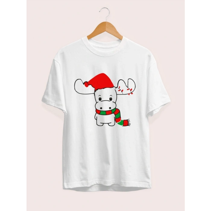 MARSiLYAN- Ren Geyiği Baskılı Noel İçin T-shirt - Beyaz