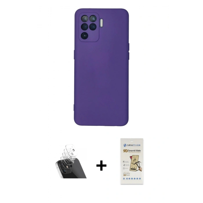MARSİLYAN™- Reno 5 Lite Kılıf Ahenk Serisi - Siyah Mat Seramik Nano Ekran Koruyucu + Kamera Lens Koruma Cam - SF