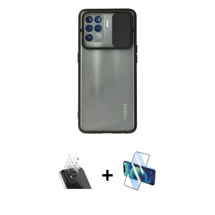 MARSİLYAN™- Reno 5 Lite Kılıf Vadi Çizgi - Siyah 3D Antistatik Cam Ekran Koruyucu + Kamera Lens Koruma Cam - SF