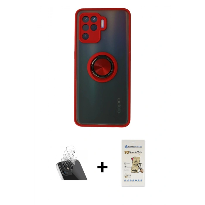 MARSİLYAN™- Reno 5 Lite Kılıf Yörünge Çizgi - Siyah Mat Seramik Nano Ekran Koruyucu + Kamera Lens Koruma Cam - SF