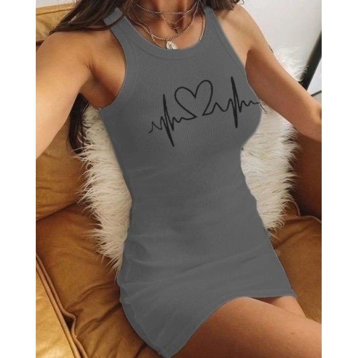 MARSiLYAN- Ritim Kalp Baskılı Sıfır Kol Kaşkorse Elbise