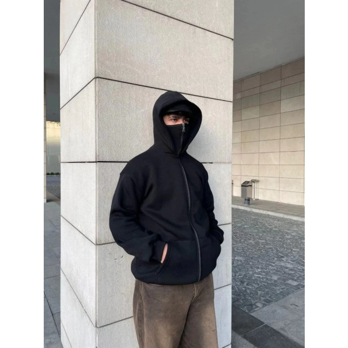 MARSiLYAN- Samuray Ninja Çift Kapşonlu ZIP Fermuarlı Kanguru Çepli Tam Fermuarlı Hoodie Swetshirt - Siyah