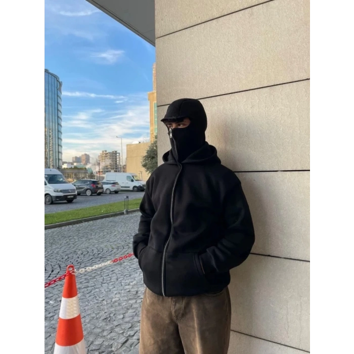 MARSiLYAN- Samuray Ninja Çift Kapşonlu ZIP Fermuarlı Kanguru Çepli Tam Fermuarlı Hoodie Swetshirt - Siyah