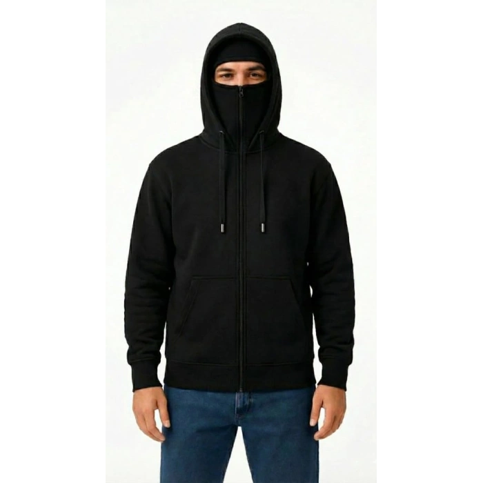 MARSiLYAN- Samuray Ninja Çift Kapüşonlu ZIP Fermuarlı Kanguru Cepli Tam Fermuarlı Hoodie Sweatshirt - Siyah
