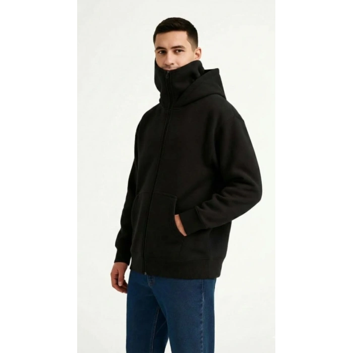 MARSiLYAN- Samuray Ninja Çift Kapüşonlu ZIP Fermuarlı Kanguru Cepli Tam Fermuarlı Hoodie Sweatshirt - Siyah
