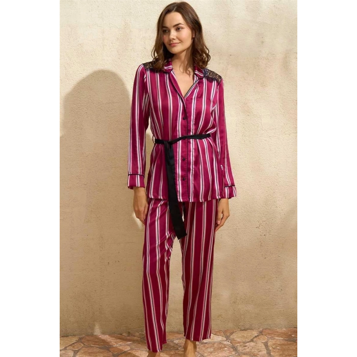 MARSiLYAN-  Saten Çizgili Düğmeli Uzun Kol Dantelli Gömlek ve Pantolon Pijama Takım (9765)