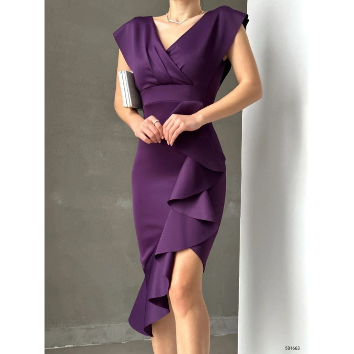 MARSiLYAN- Scuba Kumaş Önü Fırfırlı Midi Boy Elbise