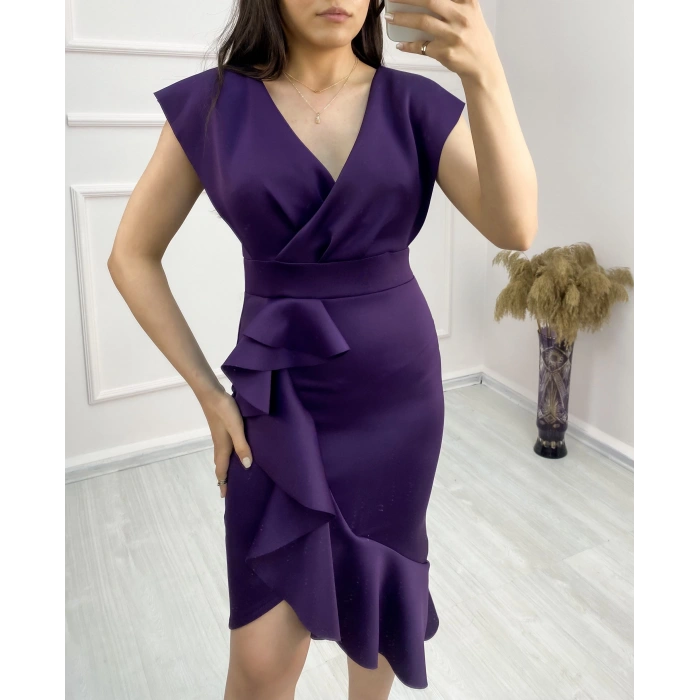 MARSiLYAN- Scuba Kumaş Önü Fırfırlı Midi Boy Elbise