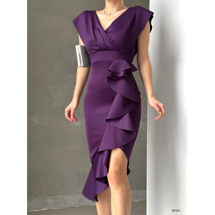 MARSiLYAN- Scuba Kumaş Önü Fırfırlı Midi Boy Elbise